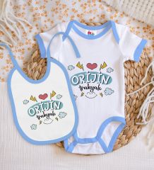 BK Kids Orjin Trakyalı Tasarımlı Mavi Bebek Body Zıbın ve Mama Önlüğü Hediye Seti-1