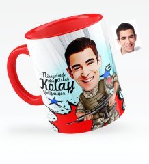 Kişiye Özel Asker Karikatürlü Kırmızı Kupa Bardak - 1