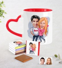 Kişiye Özel Sevgililer Karikatürlü Kırmızı Kalpli Kupa ve Çikolata Seti-5
