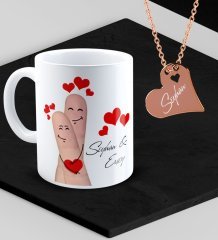 Kişiye Özel Sevgililer Temalı Kupa ve Rose Kalp Kolye Set - 89