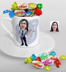 Kişiye Özel Bayan Polis Karikatürlü Türk Kahvesi Fincanı ve Haribo Şeker Hediye Seti-1