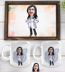Kişiye Özel Kadın Doktor Karikatürlü Doğal Ahşap Tepsi ve 2’li Kupa Bardak Seti-1