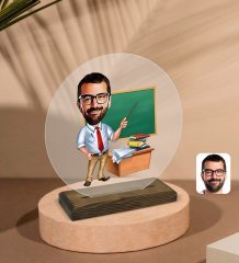 Kişiye Özel Erkek Öğretmen Karikatürlü Yuvarlak Ahşap Standlı Biblo-1
