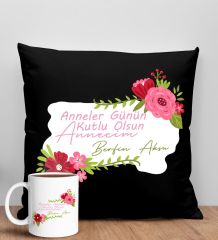 BK Gift Kişiye Özel İsimli Anneler Günü Tasarımlı Siyah Kırlent Yastık ve Kupa Seti, Anneye Hediye, Ev Dekorasyonu, Anneler Günü Hediyesi-6