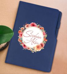 BK Gift Kişiye Özel Çiçek Tasarımlı Lacivert Termo Deri Not Defteri 15x21cm-12