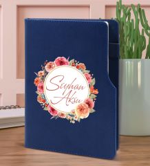 BK Gift Kişiye Özel Çiçek Tasarımlı Lacivert Termo Deri Not Defteri 15x21cm-12