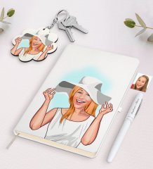 Kişiye Özel Kadın Karikatürlü Beyaz Defter Kalem ve Anahtarlık Hediye Seti-20