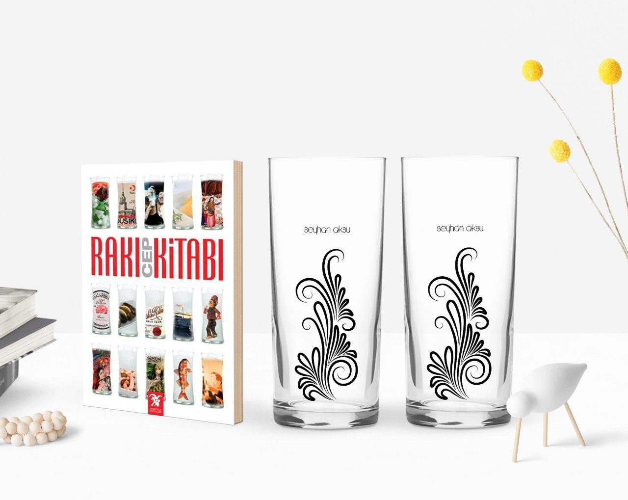 Kişiye Özel Renkli Baskılı İsimli İkili Rakı Bardağı ve Rakı Cep Kitabı Hediye Seti-120