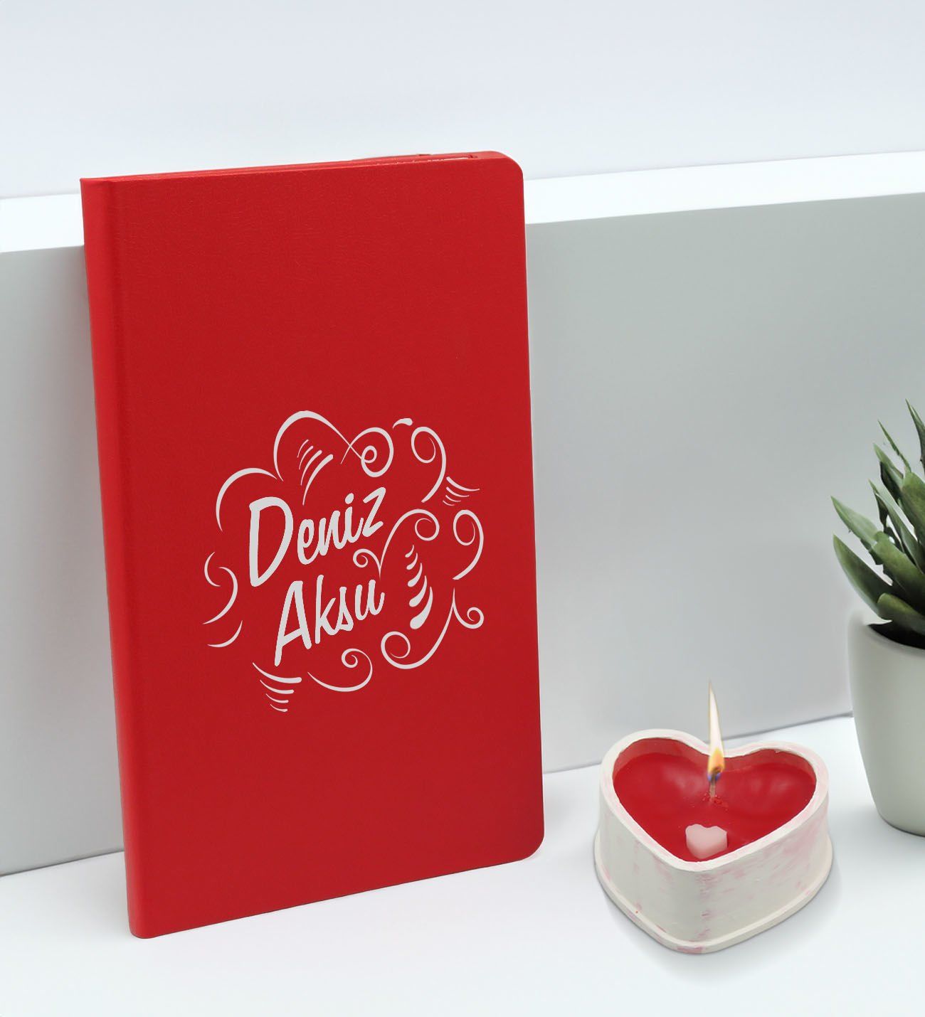 BK Gift Kişiye Özel İsimli Kırmızı Defter ve Kalp Taş Obje Kokulu Mum Hediye Seti-5, Sevgiliye Hediye, Arkadaşa Hediye