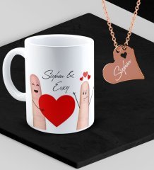 Kişiye Özel Sevgililer Temalı Kupa ve Rose Kalp Kolye Set - 88