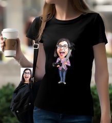 Kişiye Özel Bayan Profesyonel Fotoğrafçı Karikatürlü Siyah T-Shirt
