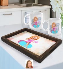 Kişiye Özel Kadın Doğum Günü Karikatürlü Doğal Ahşap Tepsi ve 2’li Kupa Bardak Seti-2