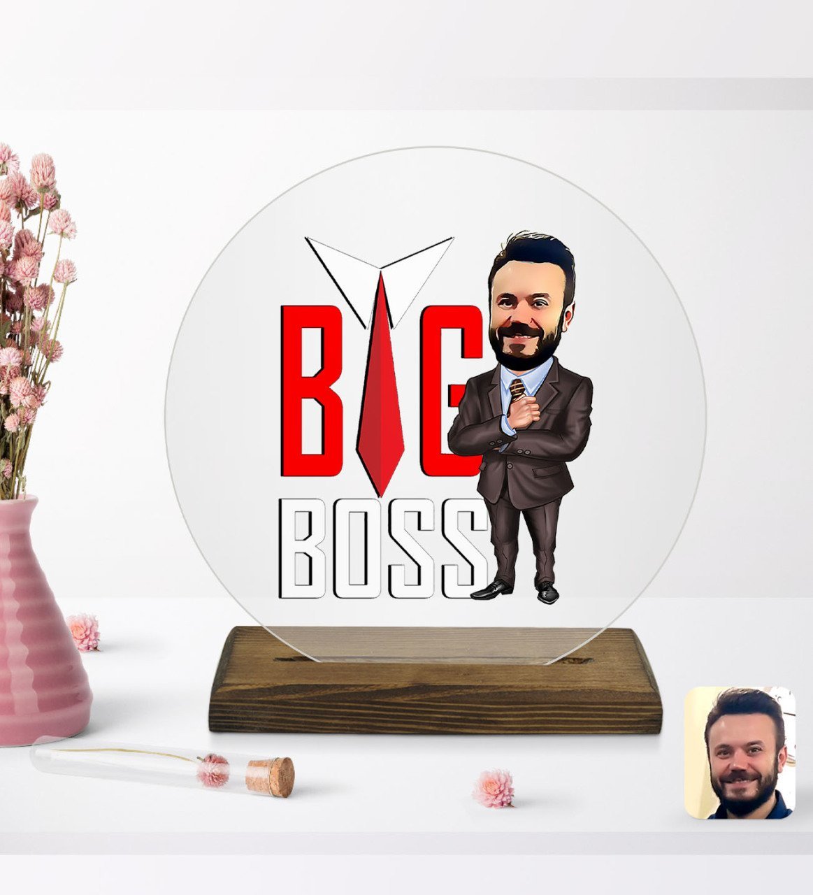 Kişiye Özel Erkek Big Boss Karikatürlü Yuvarlak Ahşap Standlı Biblo-4