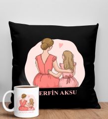 BK Gift Kişiye Özel İsimli Anneler Günü Tasarımlı Siyah Kırlent Yastık ve Kupa Seti, Anneye Hediye, Ev Dekorasyonu, Anneler Günü Hediyesi-5