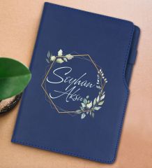 BK Gift Kişiye Özel Çiçek Tasarımlı Lacivert Termo Deri Not Defteri 15x21cm-11
