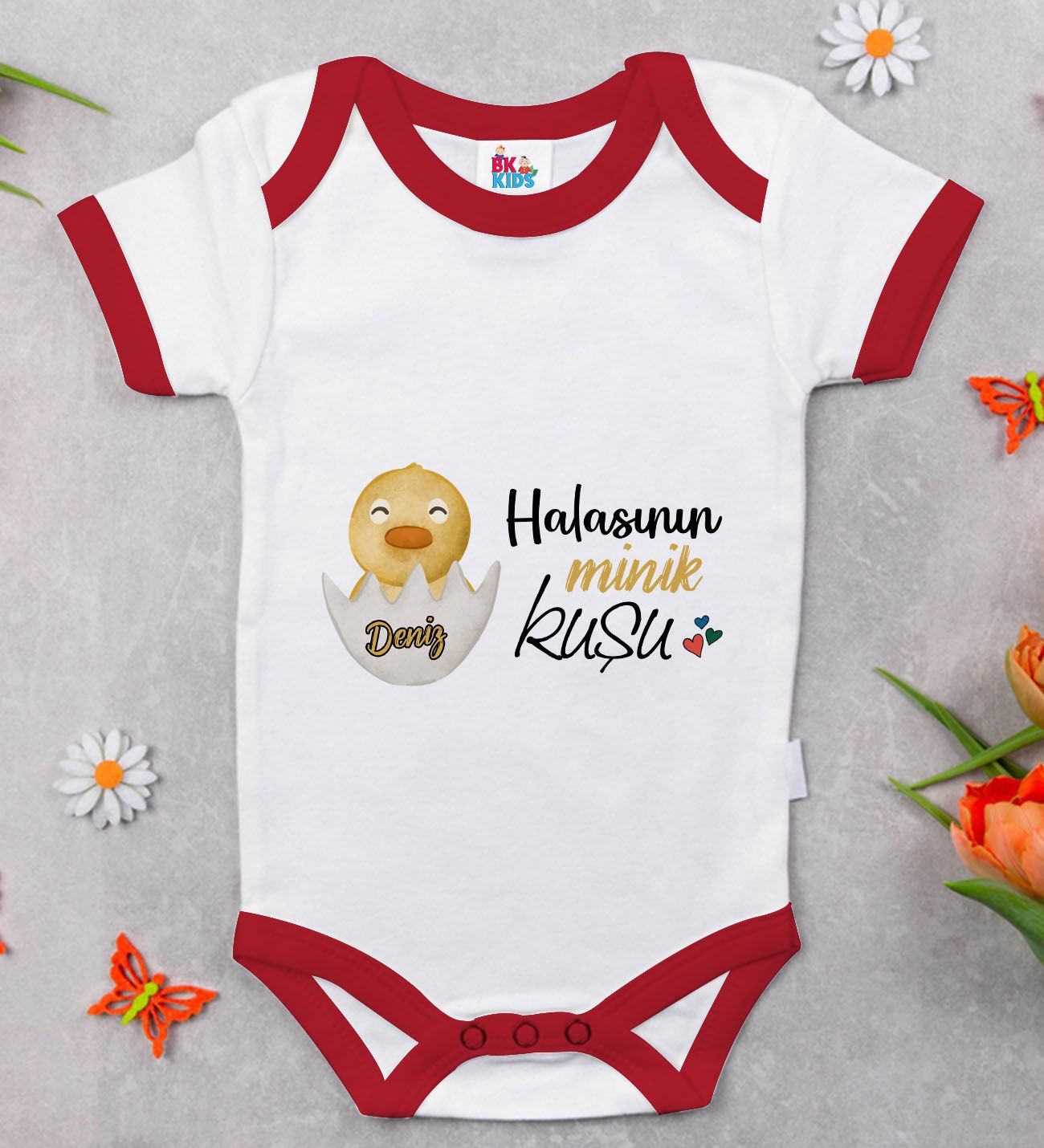 BK Kids Kişiye Özel Halasının Minik Kuşu Tasarımlı Kırmızı Bebek Body Zıbın-1