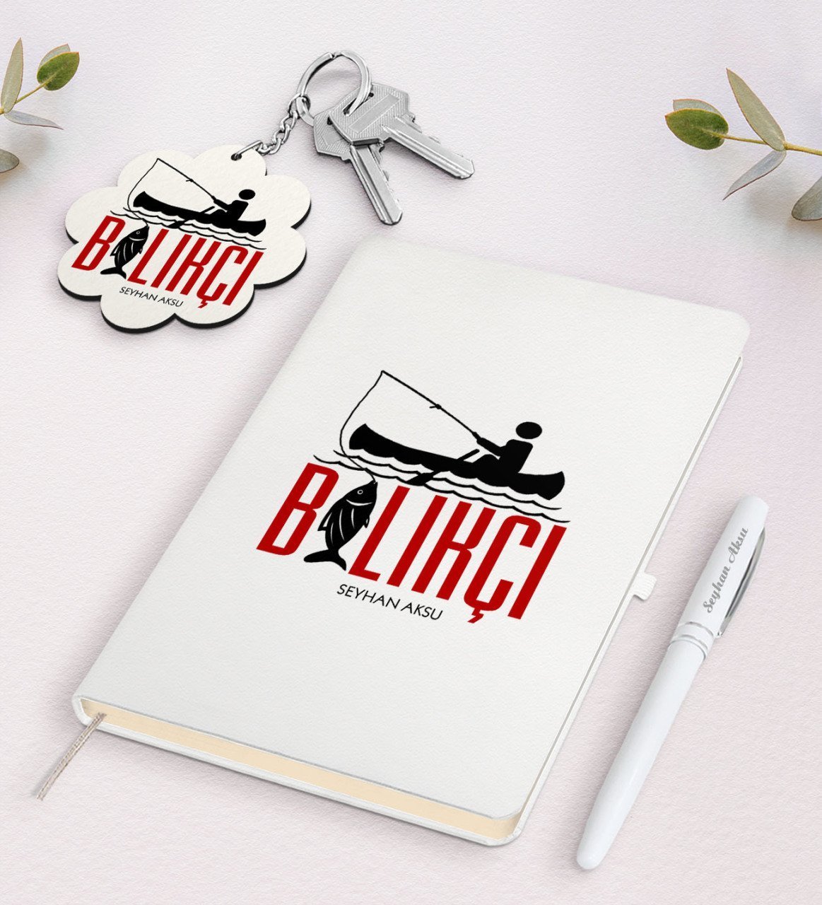 Kişiye Özel Balıkçı Beyaz Defter Kalem Ve Anahtarlık Hediye Seti