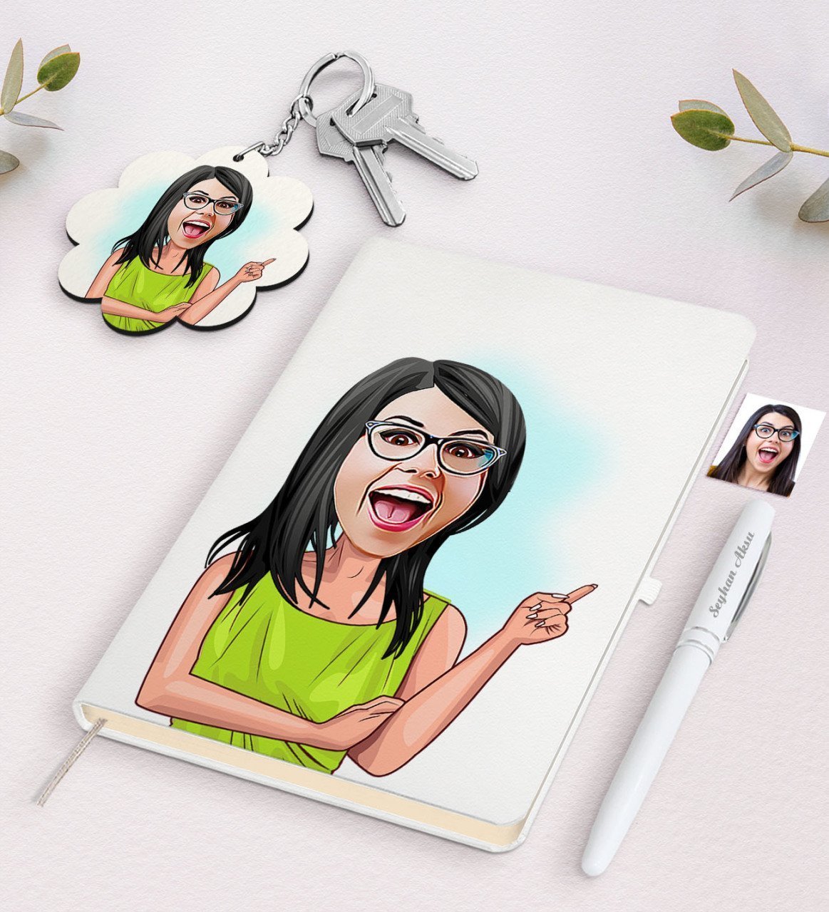 Kişiye Özel Kadın Karikatürlü Beyaz Defter Kalem ve Anahtarlık Hediye Seti-19