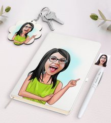 Kişiye Özel Kadın Karikatürlü Beyaz Defter Kalem ve Anahtarlık Hediye Seti-19
