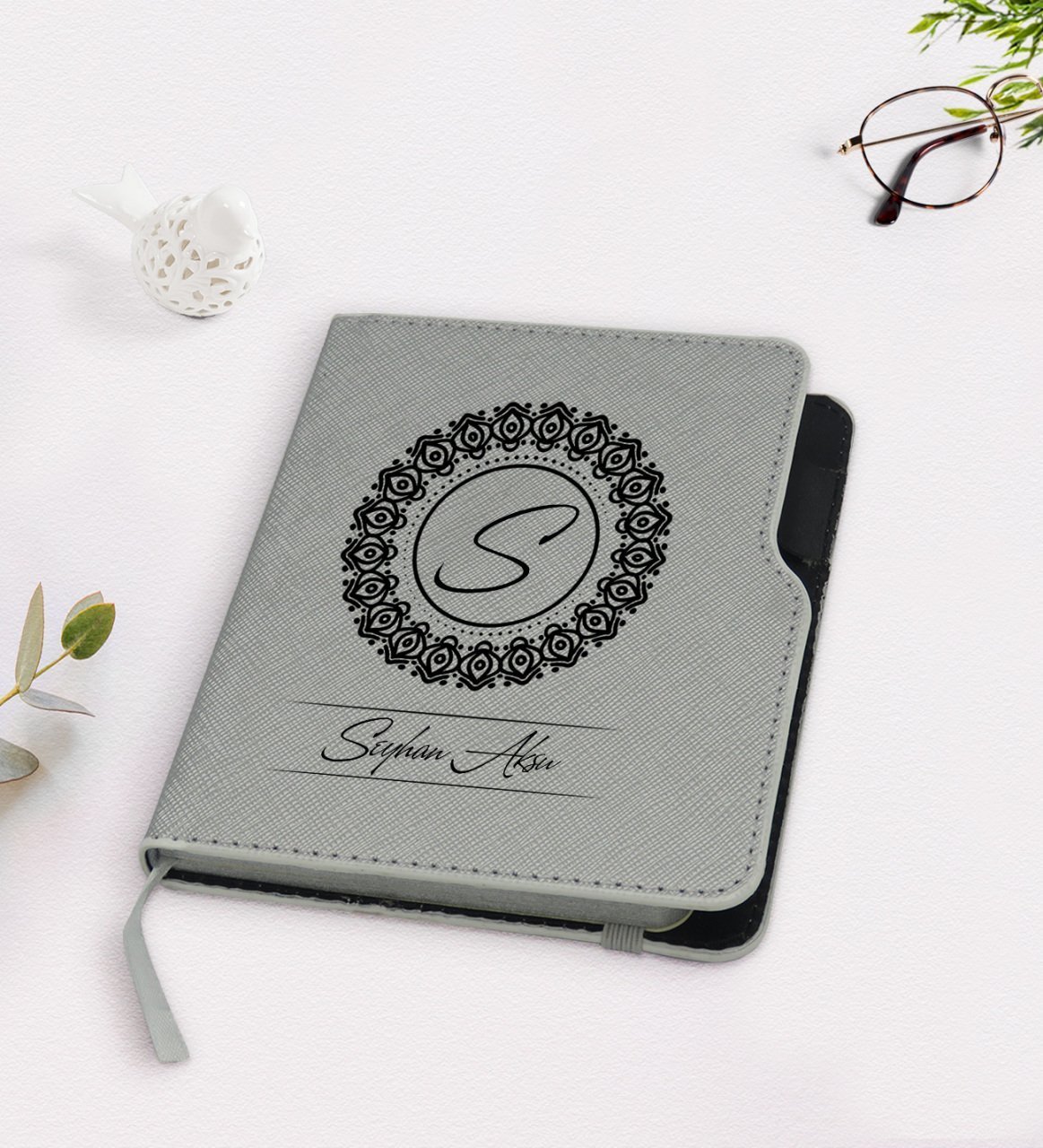 Kişiye Özel İsimli Gri Termo Deri Defter-2