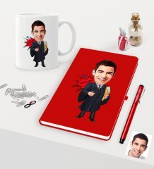 Kişiye Özel Bay Avukat Karikatürlü Kırmızı Defter Kalem Kupa Seti - 1