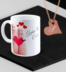 Kişiye Özel Sevgililer Temalı Kupa ve Rose Kalp Kolye Set - 87