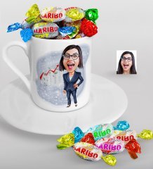 Kişiye Özel Bayan Patron Karikatürlü Türk Kahvesi Fincanı ve Haribo Şeker Hediye Seti-1