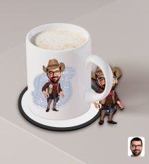 Kişiye Özel Kovboy Karikatürlü Beyaz Kupa ve Ahşap Bardak Altlığı Hediye Seti-1
