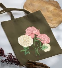 BK Gift Çiçek Tasarımlı-7 Haki Kumaş Bez Çanta, Baskılı Omuz Çantası, Alışveriş Çantası, Arkadaşa Hediye