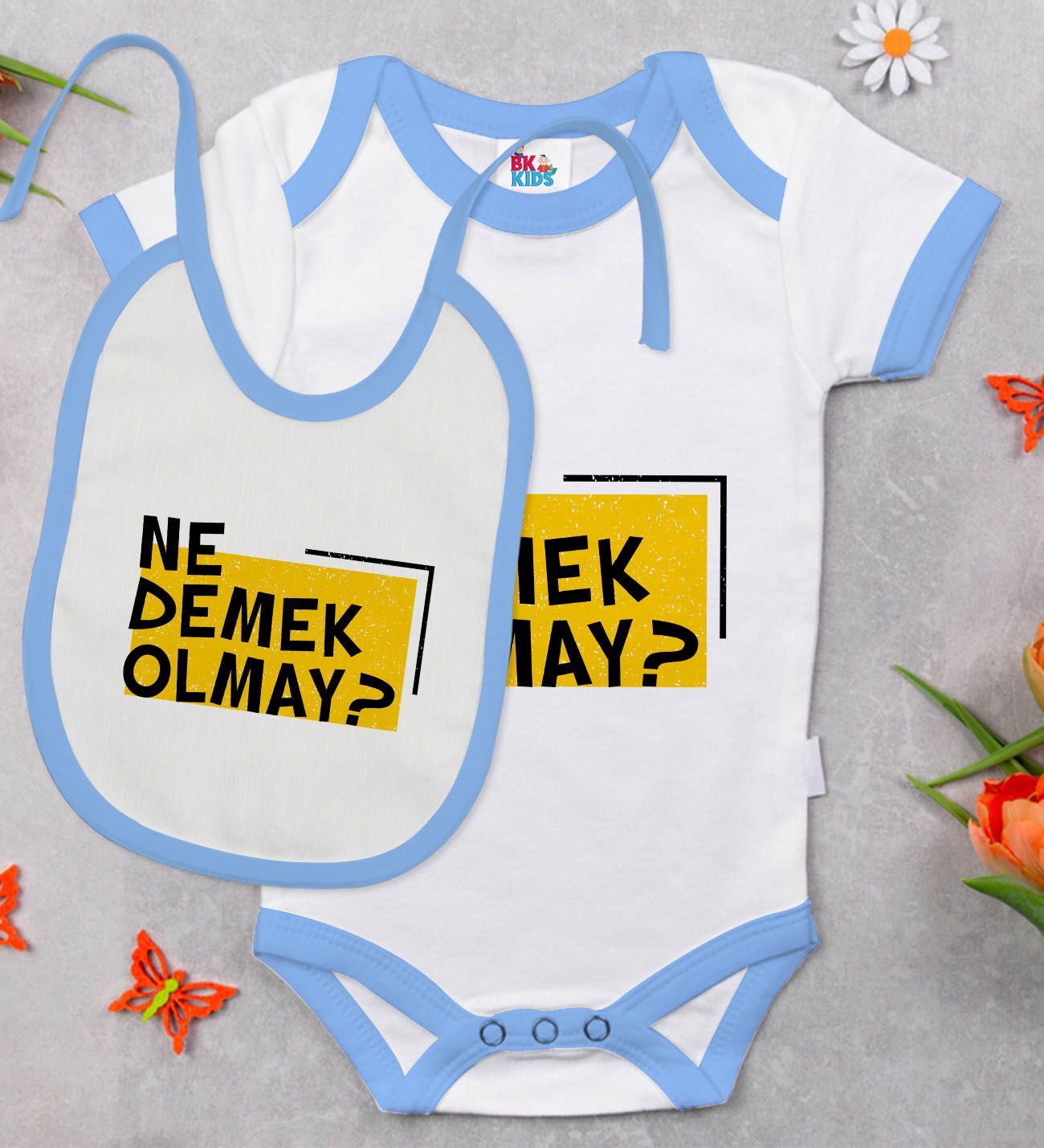BK Kids Ne Demek Olmay Tasarımlı Mavi Bebek Body Zıbın ve Mama Önlüğü Hediye Seti-1