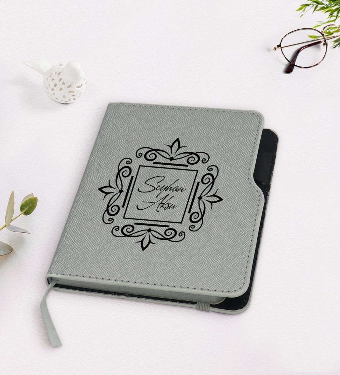 Kişiye Özel İsimli Gri Termo Deri Defter-1