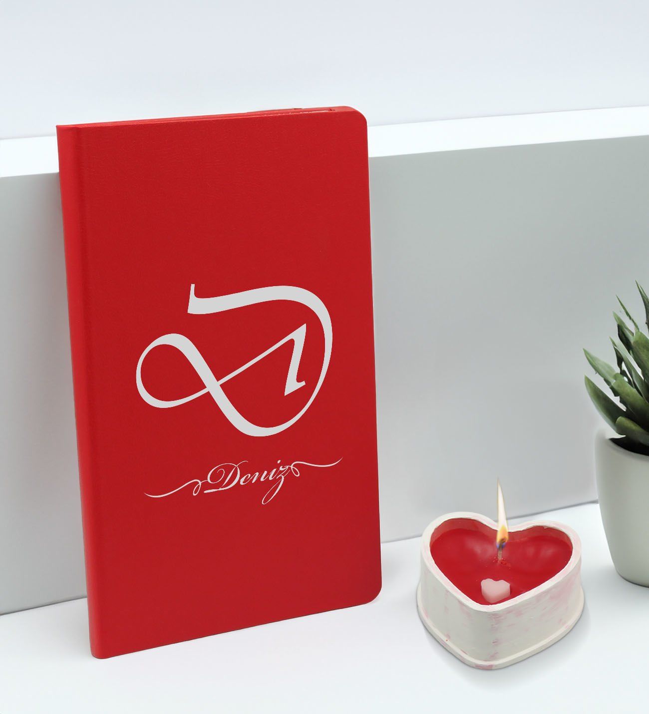 BK Gift Kişiye Özel İsimli Kırmızı Defter ve Kalp Taş Obje Kokulu Mum Hediye Seti-3, Sevgiliye Hediye, Arkadaşa Hediye