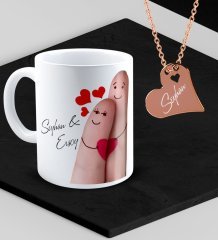 Kişiye Özel Sevgililer Temalı Kupa ve Rose Kalp Kolye Set - 86