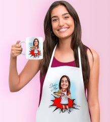 Kişiye Özel Bayan Aşçı Karikatürlü Mutfak Önlüğü Kupa Seti - 2