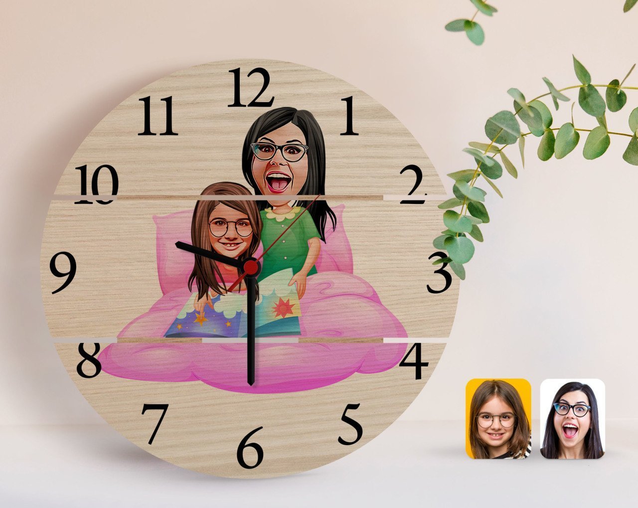 Kişiye Özel Anne Kız Karikatürlü Otantik Ahşap Palet Saat-3