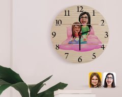 Kişiye Özel Anne Kız Karikatürlü Otantik Ahşap Palet Saat-3