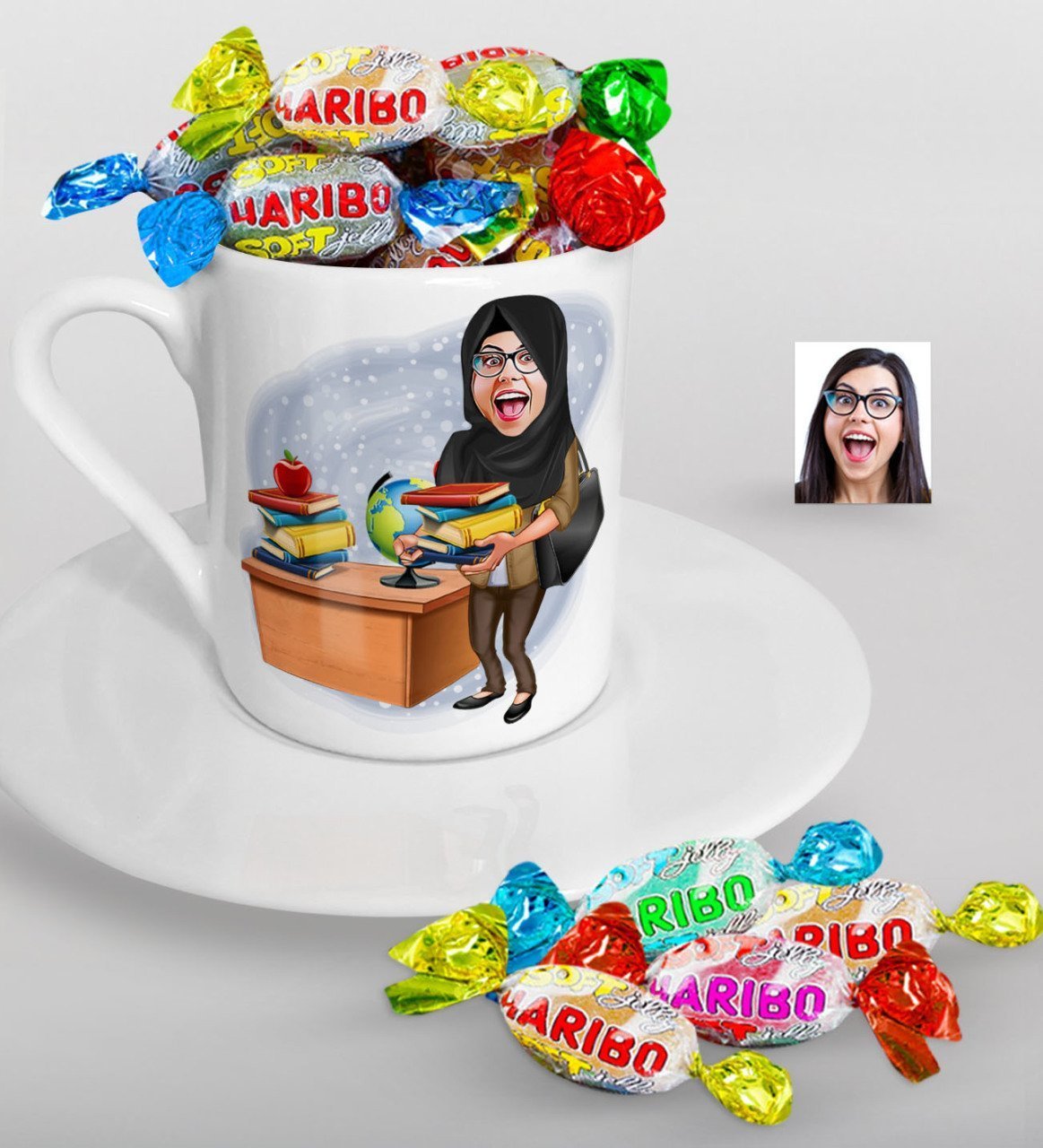 Kişiye Özel Bayan Öğretmen Karikatürlü Türk Kahvesi Fincanı ve Haribo Şeker Hediye Seti-8