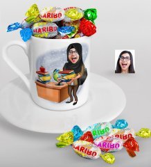 Kişiye Özel Bayan Öğretmen Karikatürlü Türk Kahvesi Fincanı ve Haribo Şeker Hediye Seti-8