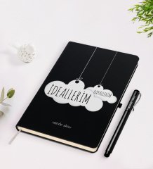 Kişiye Özel İsimli İdeallerim Hayallerim Tasarımlı Siyah Defter Kalem Seti-1