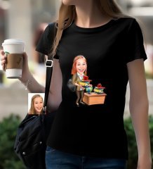 Kişiye Özel Bayan Öğretmen Karikatürlü Siyah T-Shirt-4
