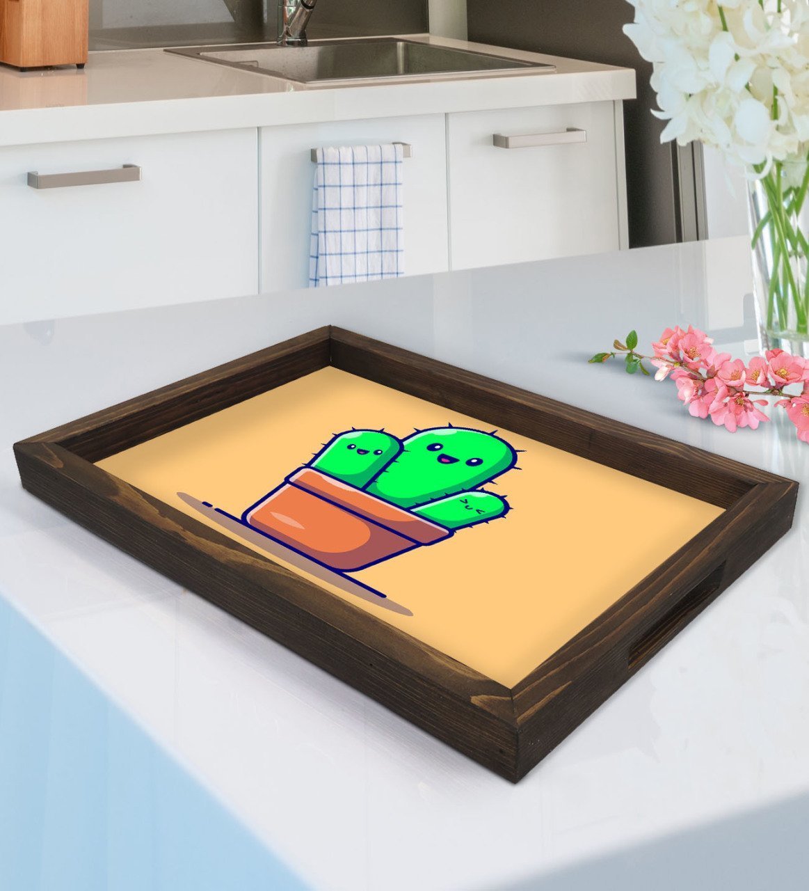 BK Gift Kaktüs Tasarımlı Doğal Ahşap Tepsi-5