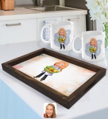 Kişiye Özel Kadın Diyetisyen Karikatürlü Doğal Ahşap Tepsi ve 2’li Kupa Bardak Seti-1