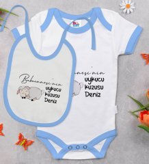 BK Kids Kişiye Özel Babaannesinin Uykucu Kuzusu Tasarımlı Mavi Bebek Body Zıbın ve Mama Önlüğü Hediye Seti