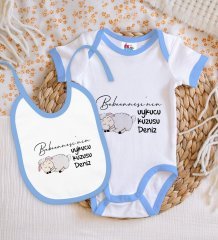 BK Kids Kişiye Özel Babaannesinin Uykucu Kuzusu Tasarımlı Mavi Bebek Body Zıbın ve Mama Önlüğü Hediye Seti