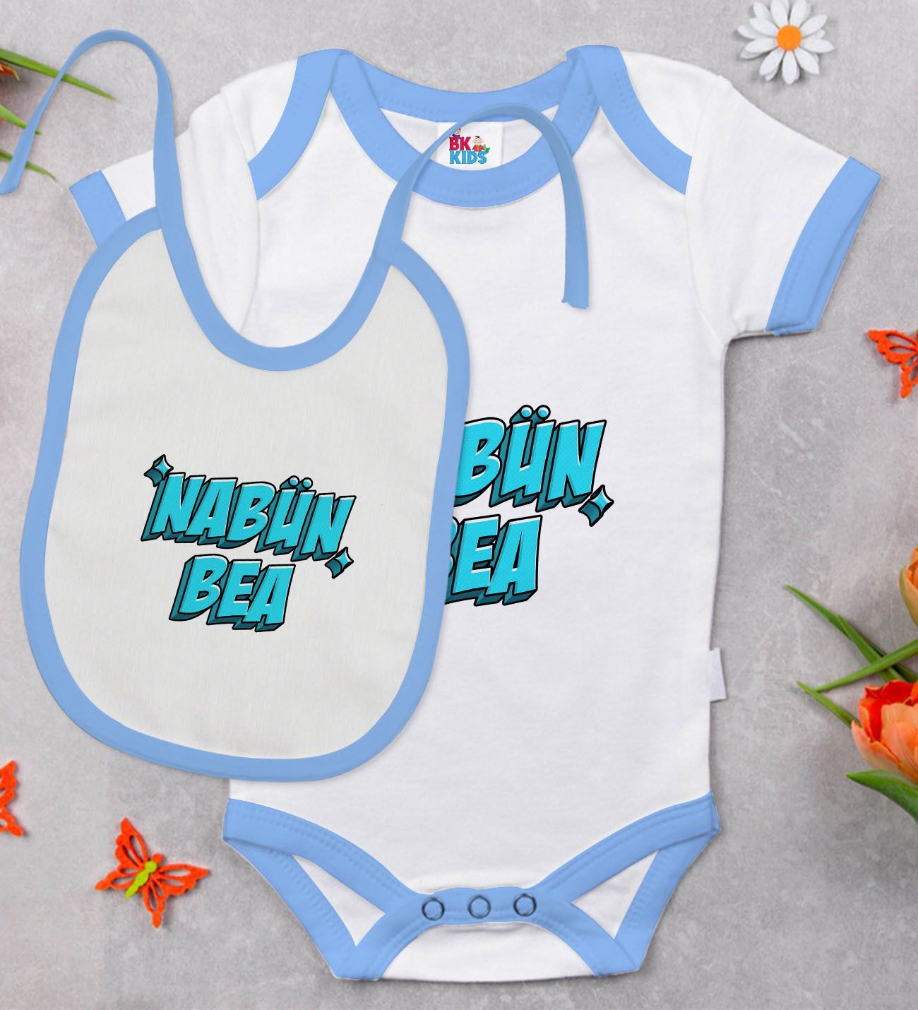 BK Kids Nabün Bea Tasarımlı Mavi Bebek Body Zıbın ve Mama Önlüğü Hediye Seti-1