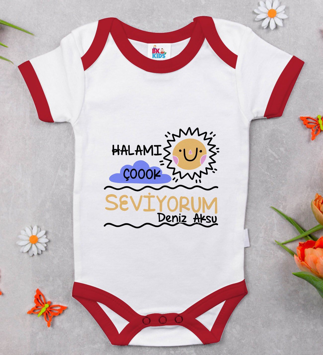 BK Kids Kişiye Özel Halamı Çok Seviyorum Tasarımlı Kırmızı Bebek Body Zıbın-1