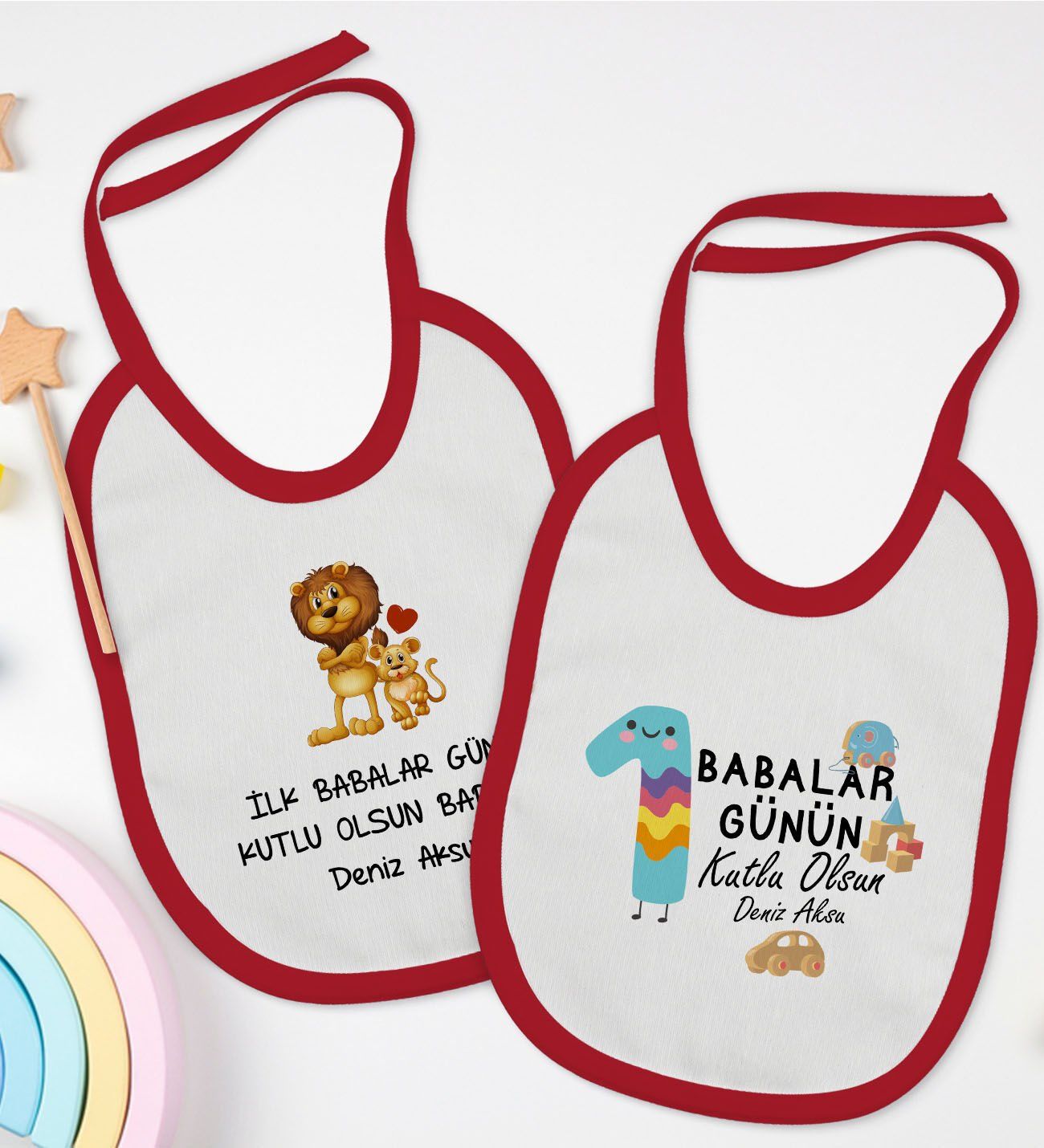 BK Kids Kişiye Özel İlk Babalar Günü Tasarımlı 2’li Kırmızı Mama Önlüğü-1