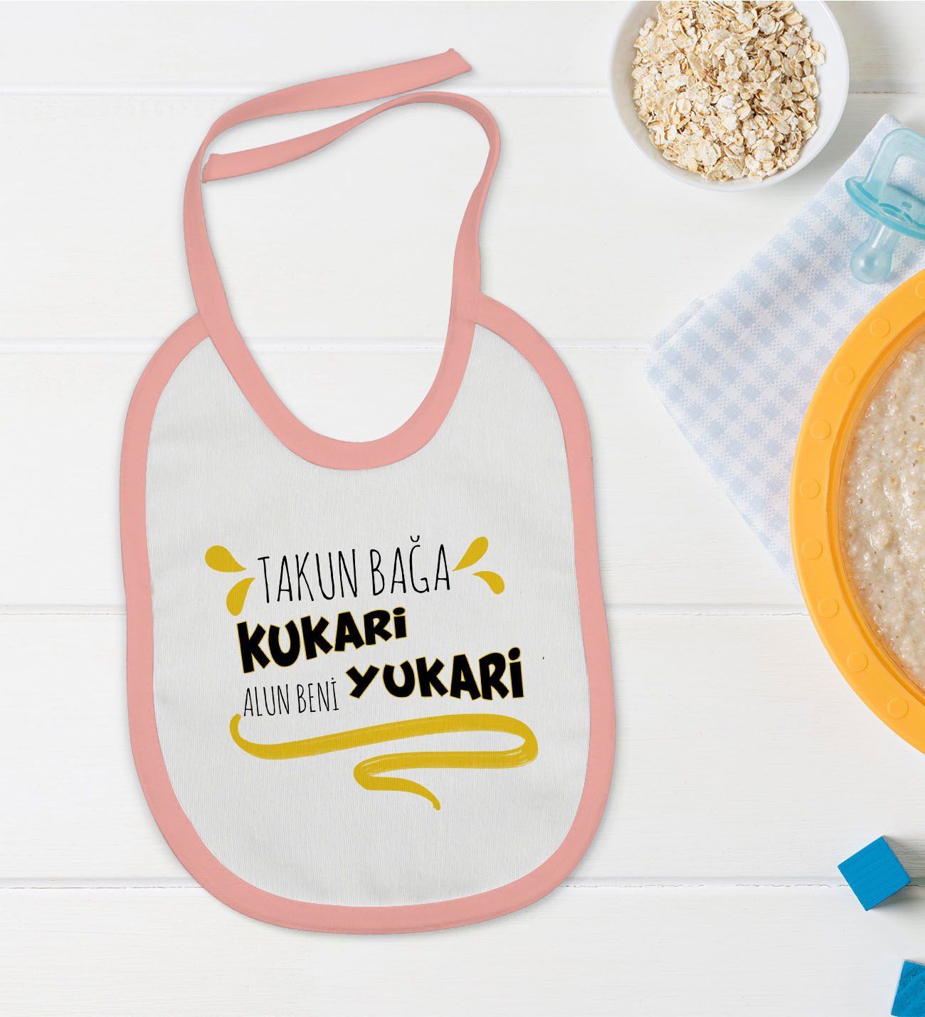 BK Kids Takun Bağa Kukari Tasarımlı Pembe Bebek Mama Önlüğü-1