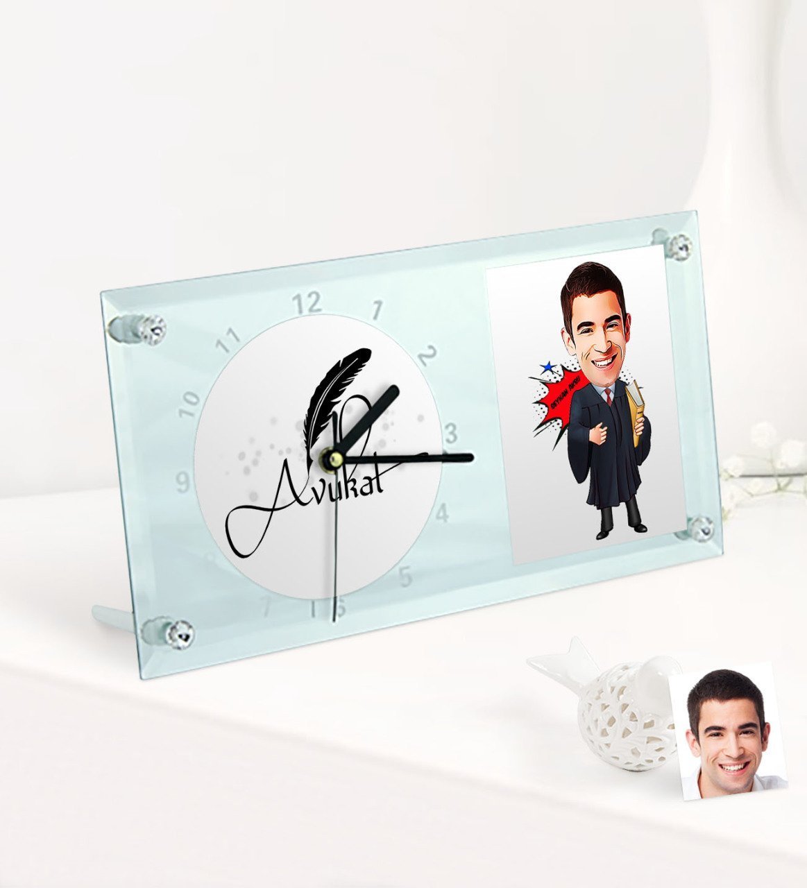 Kişiye Özel Bay Avukat Karikatürlü Masaüstü Cam Saat - 1