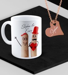 Kişiye Özel Sevgililer Temalı Kupa ve Rose Kalp Kolye Set - 85